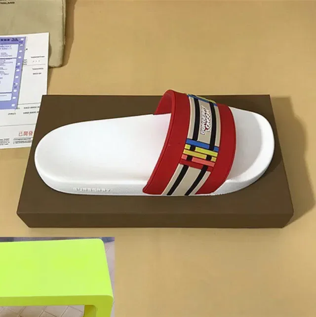 Burberry Slide White Red Single Wide Strap Rubber Sole Slippers 3