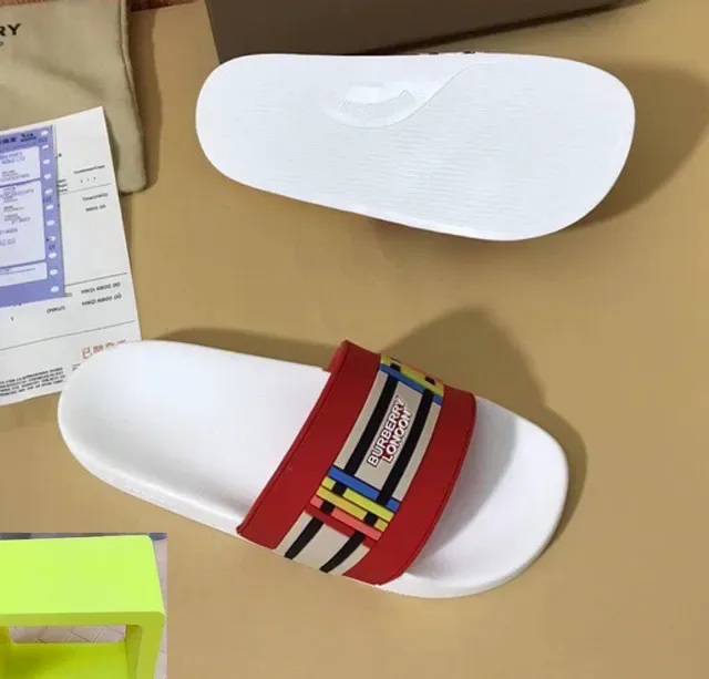 Burberry Slide White Red Single Wide Strap Rubber Sole Slippers 5