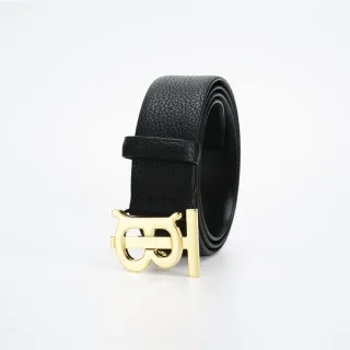 Burberry TB Belt Black Pebbled Leather Gold-Tone Monogram Buckle Leather Belt