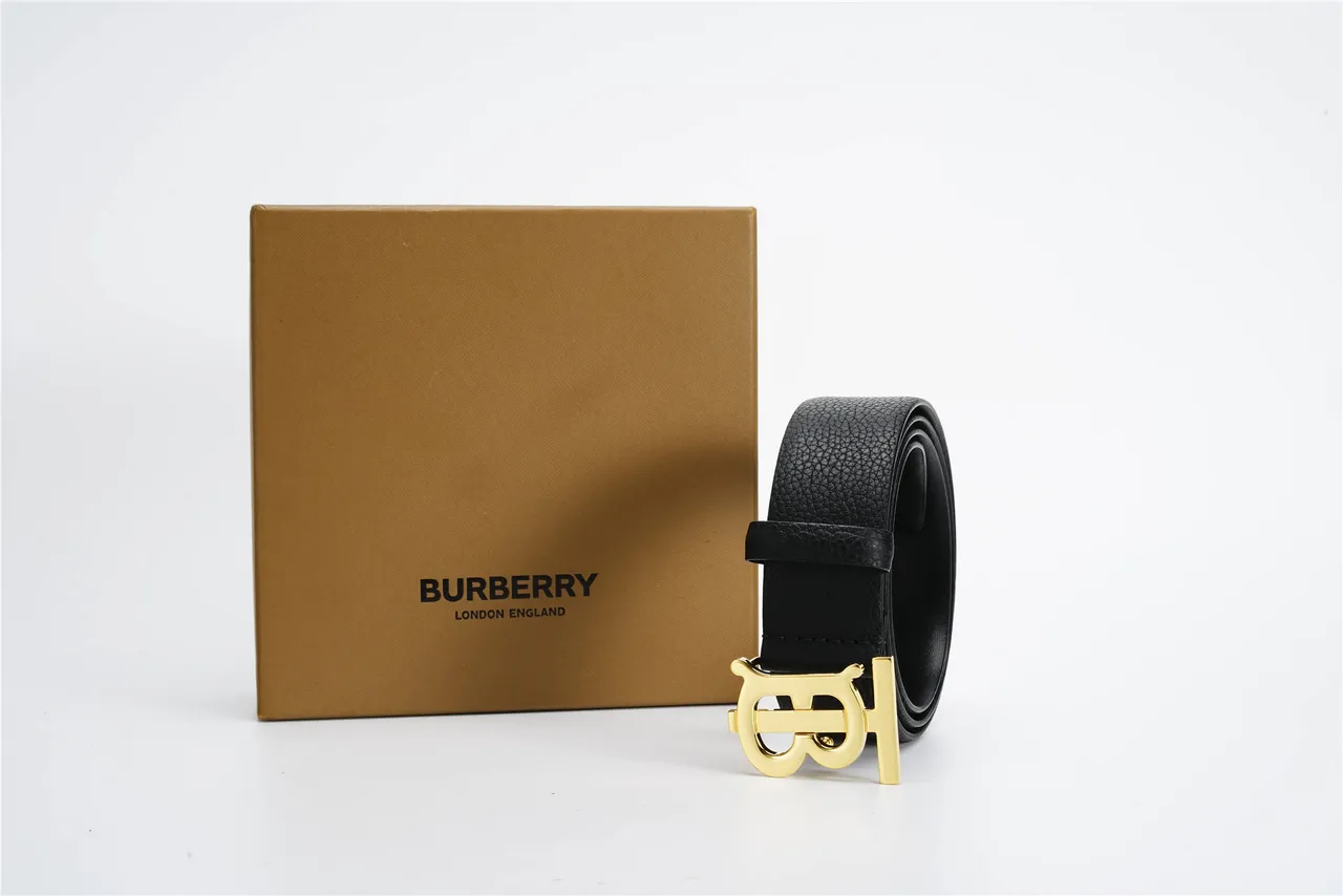 Burberry TB Belt Black Pebbled Leather Gold-Tone Monogram Buckle Leather Belt 5