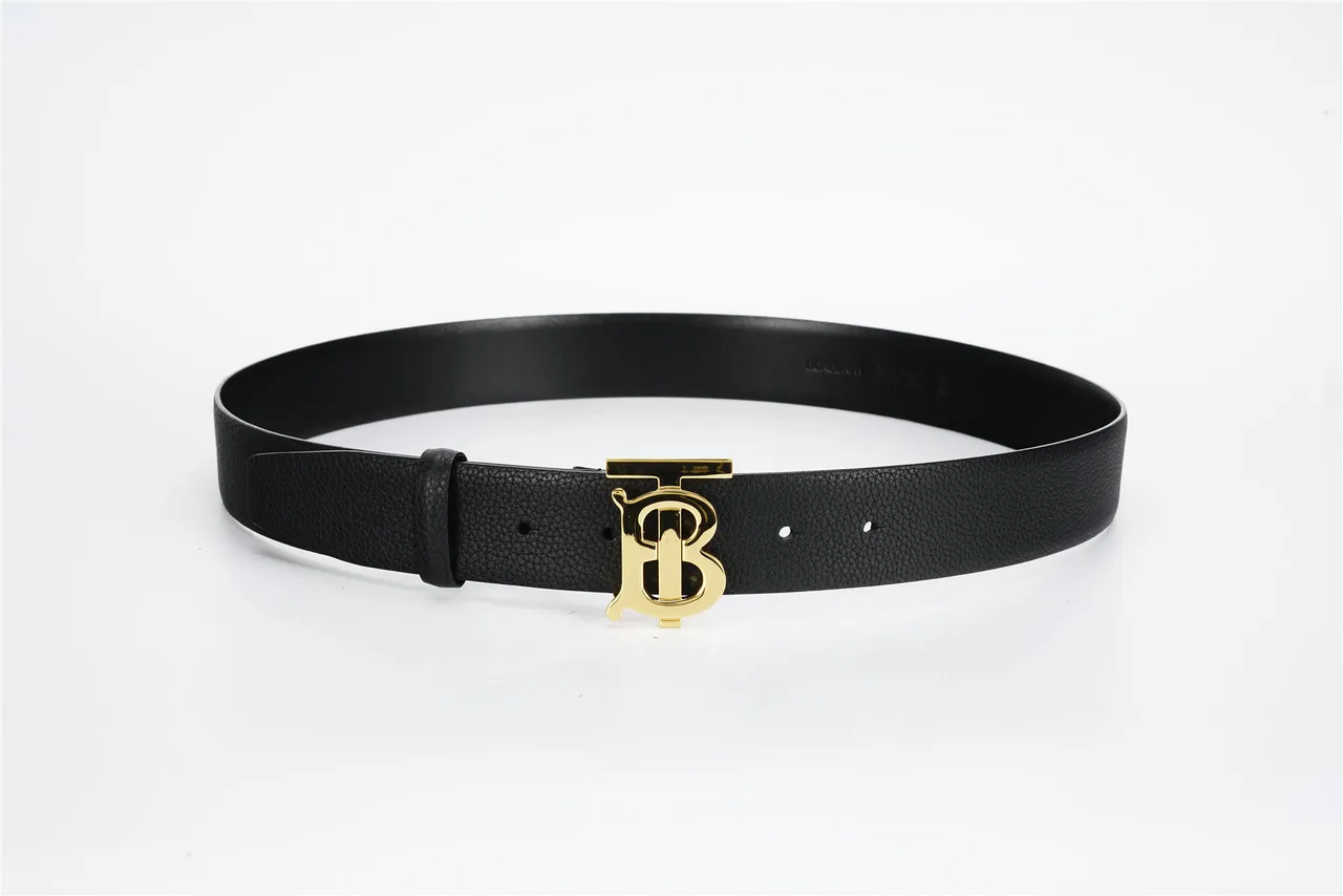 Burberry TB Belt Black Pebbled Leather Gold-Tone Monogram Buckle Leather Belt 9
