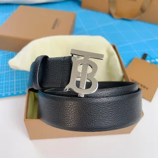 Burberry TB Belt Black Silver Pebbled Monogram Buckle Leather Belt