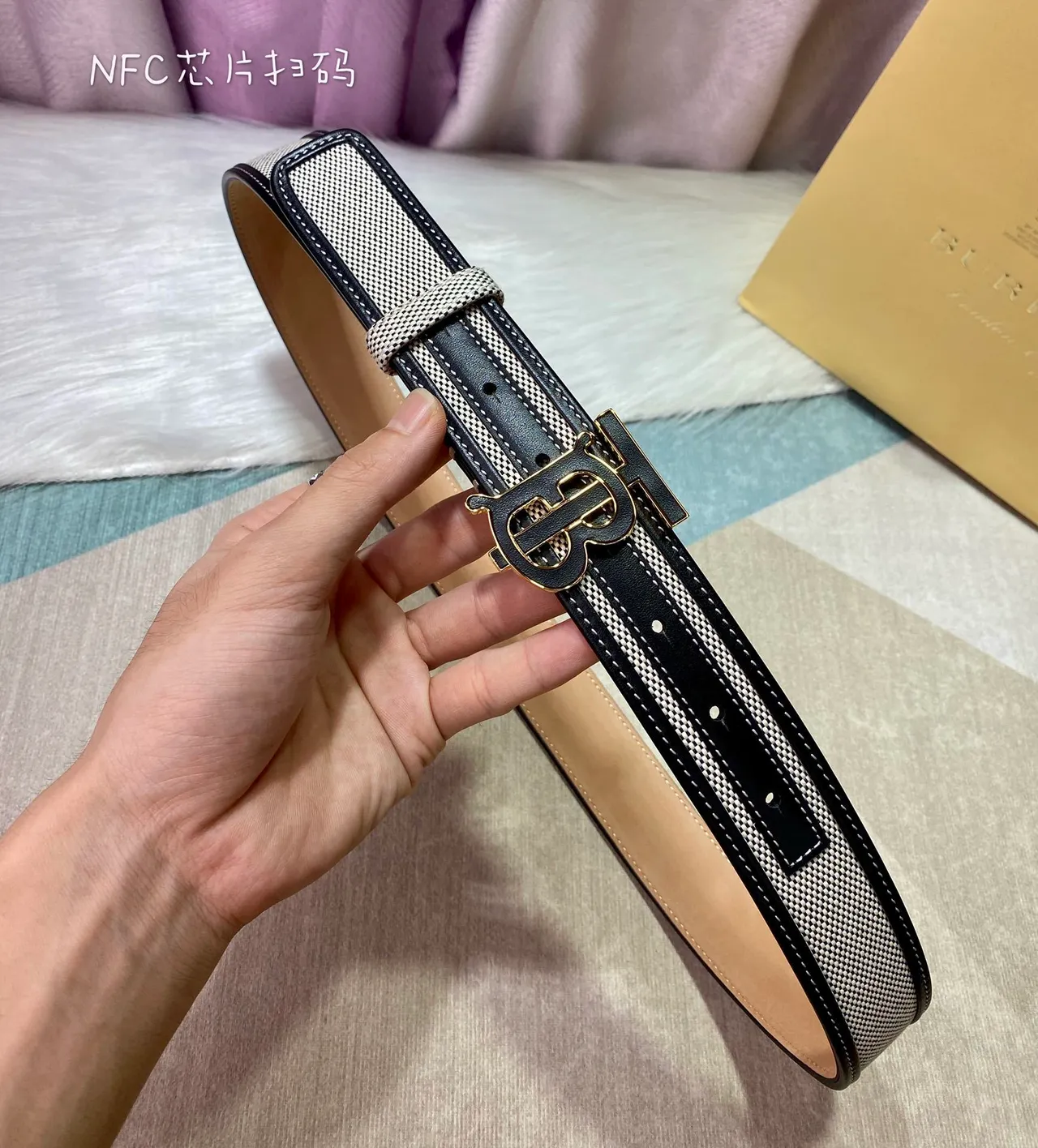 Burberry TB Monogram Belt Beige and Black Woven Leather Belt 4