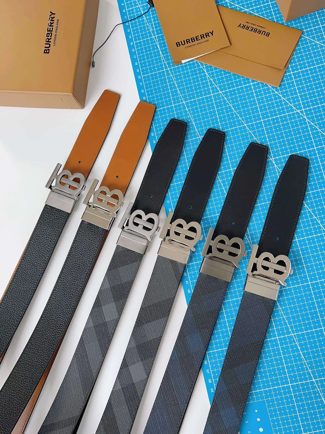 Burberry TB Monogram Belt Charcoal Gray Tonal Check Leather Belt 2