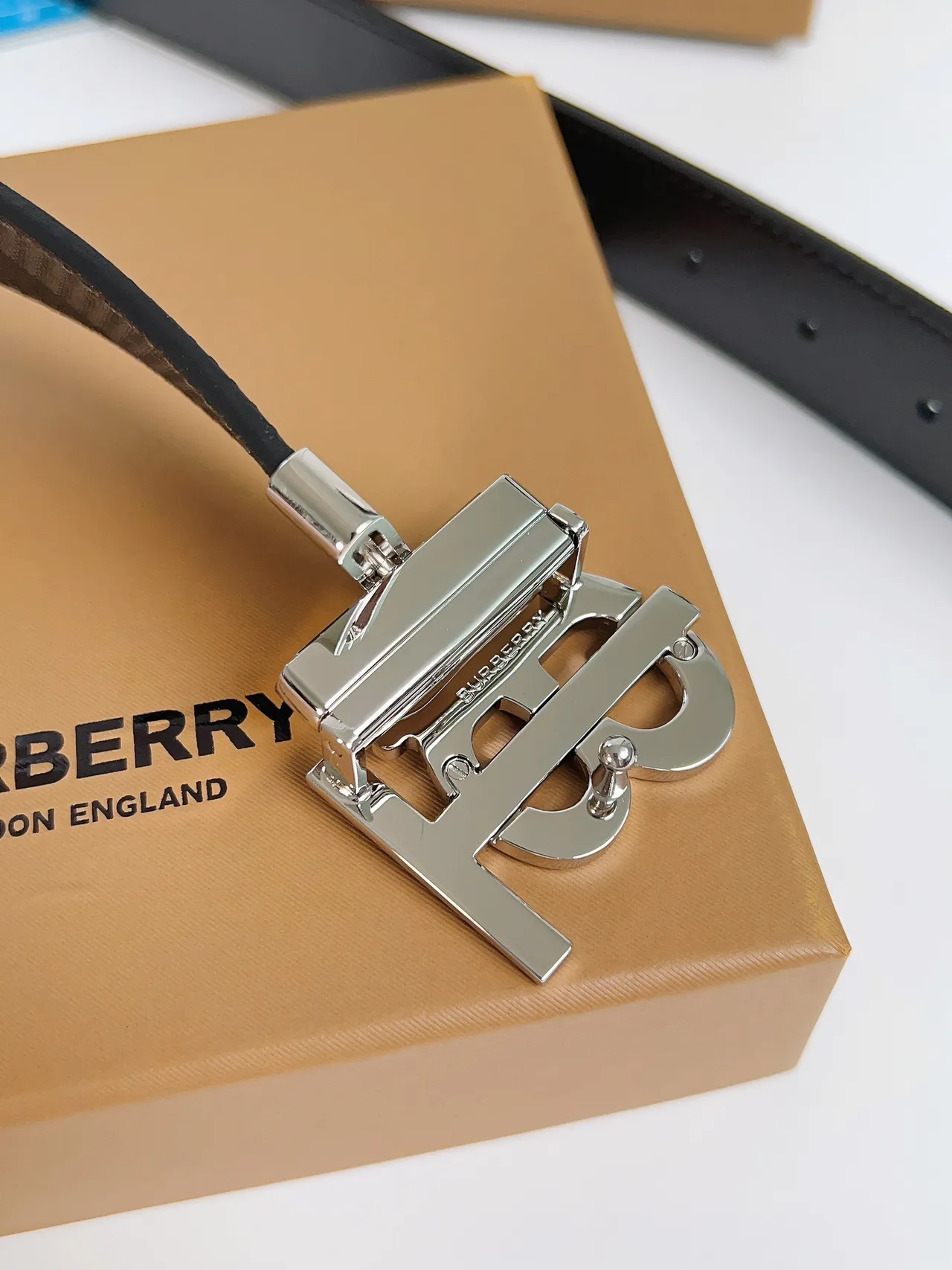 Burberry TB Monogram Belt Charcoal Gray Tonal Check Leather Belt 3