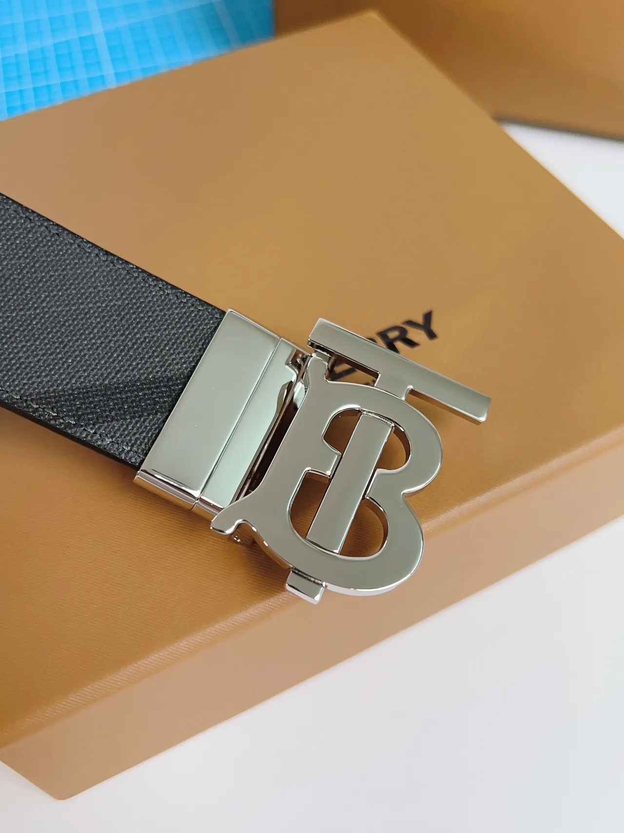 Burberry TB Monogram Belt Charcoal Gray Tonal Check Leather Belt 5