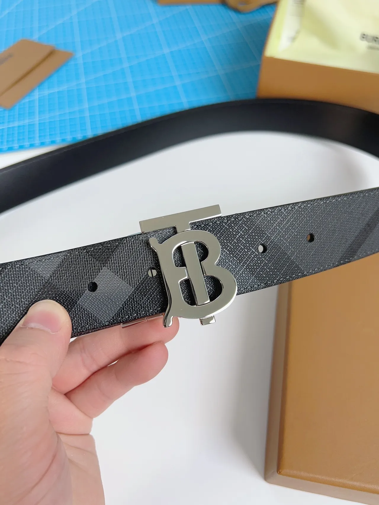 Burberry TB Monogram Belt Charcoal Gray Tonal Check Leather Belt 7