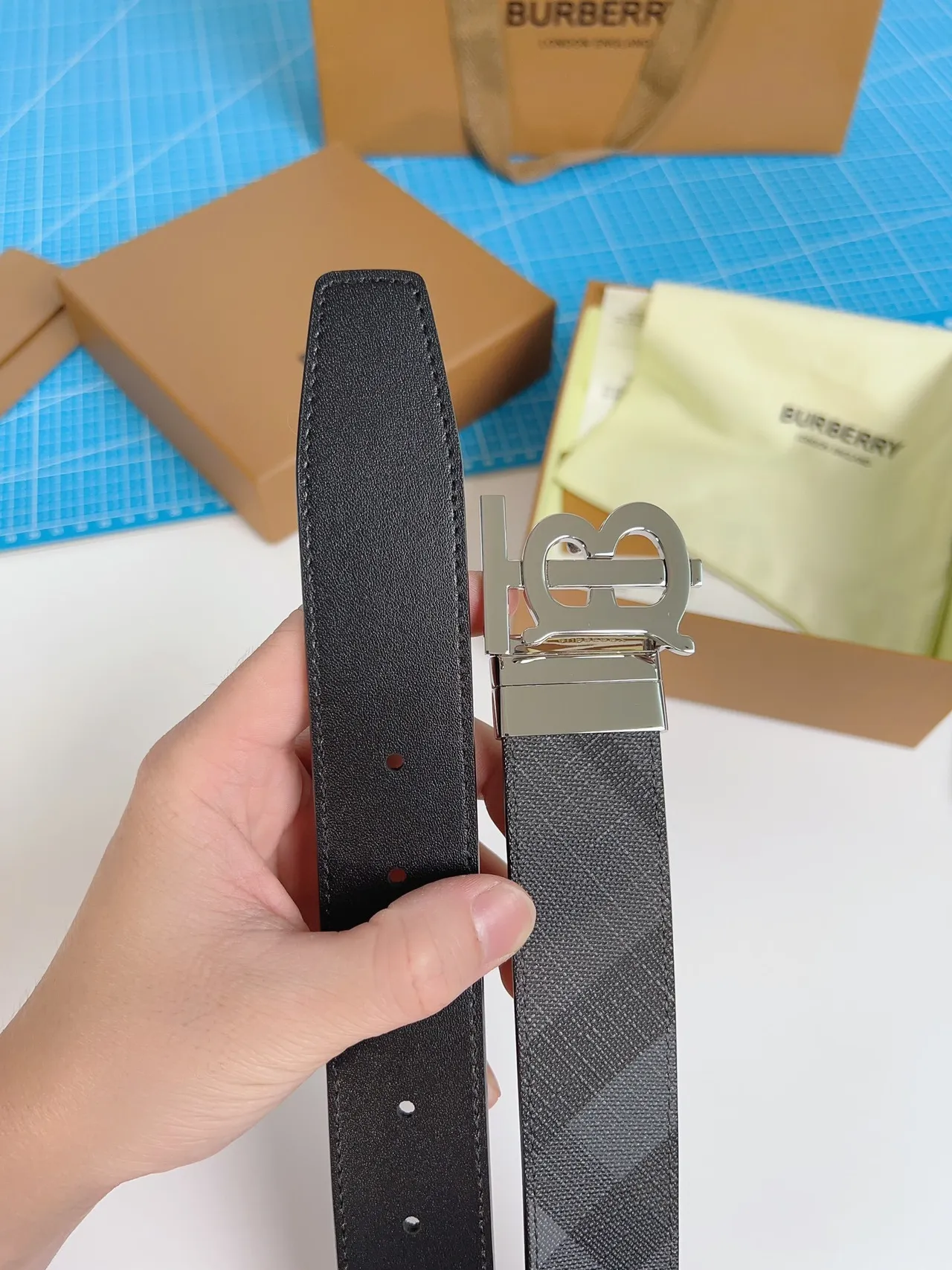 Burberry TB Monogram Belt Charcoal Gray Tonal Check Leather Belt 9