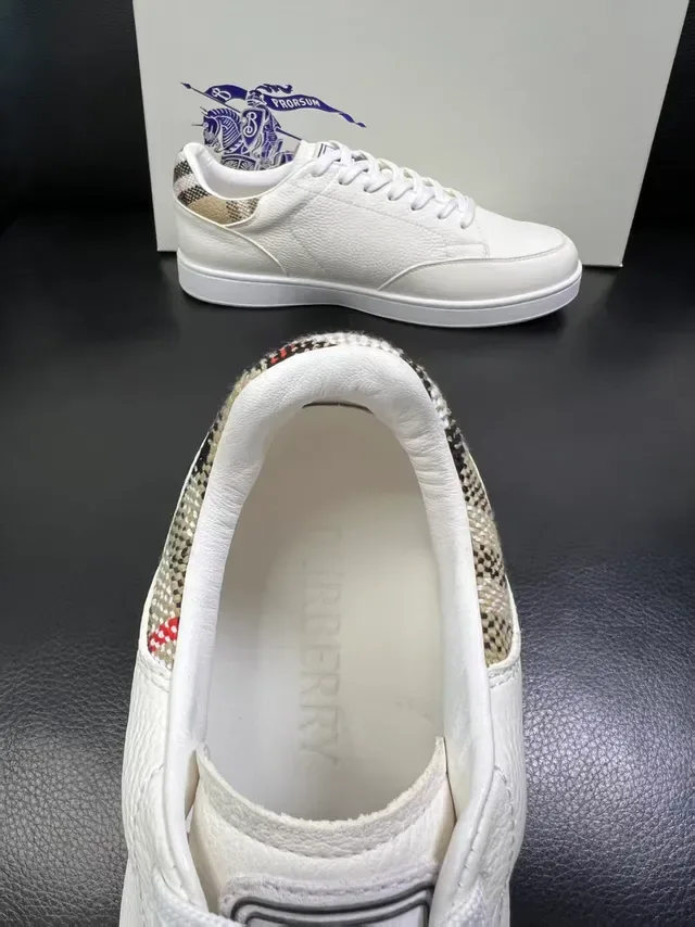Burberry White Beige Pebbled Leather Check-Pattern Heel Tab Lifestyle Sneakers 2