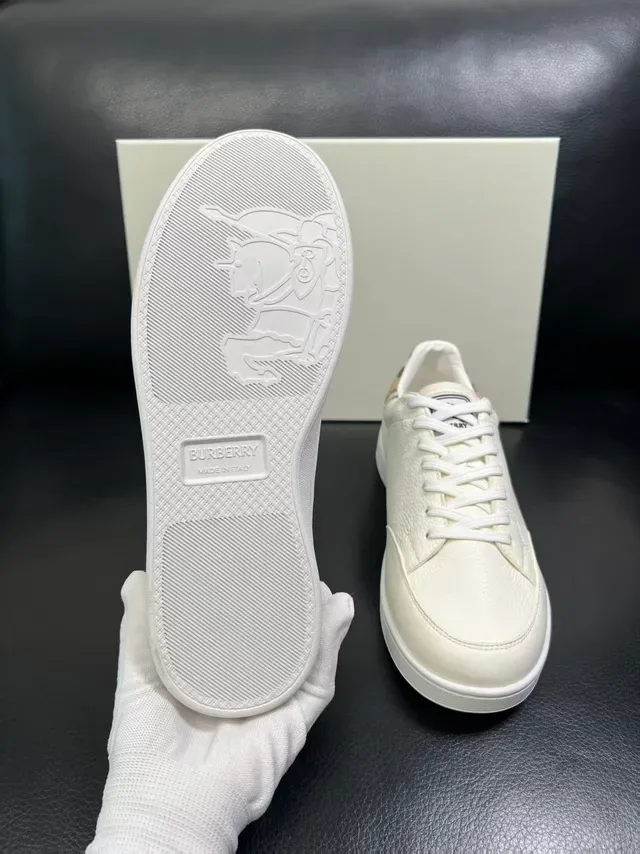 Burberry White Beige Pebbled Leather Check-Pattern Heel Tab Lifestyle Sneakers 4