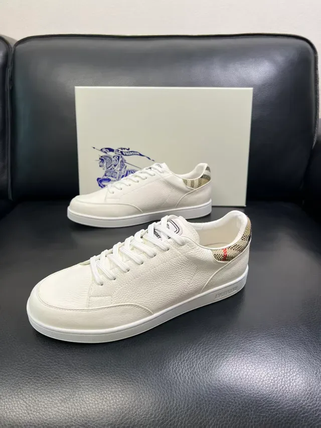 Burberry White Beige Pebbled Leather Check-Pattern Heel Tab Lifestyle Sneakers 5