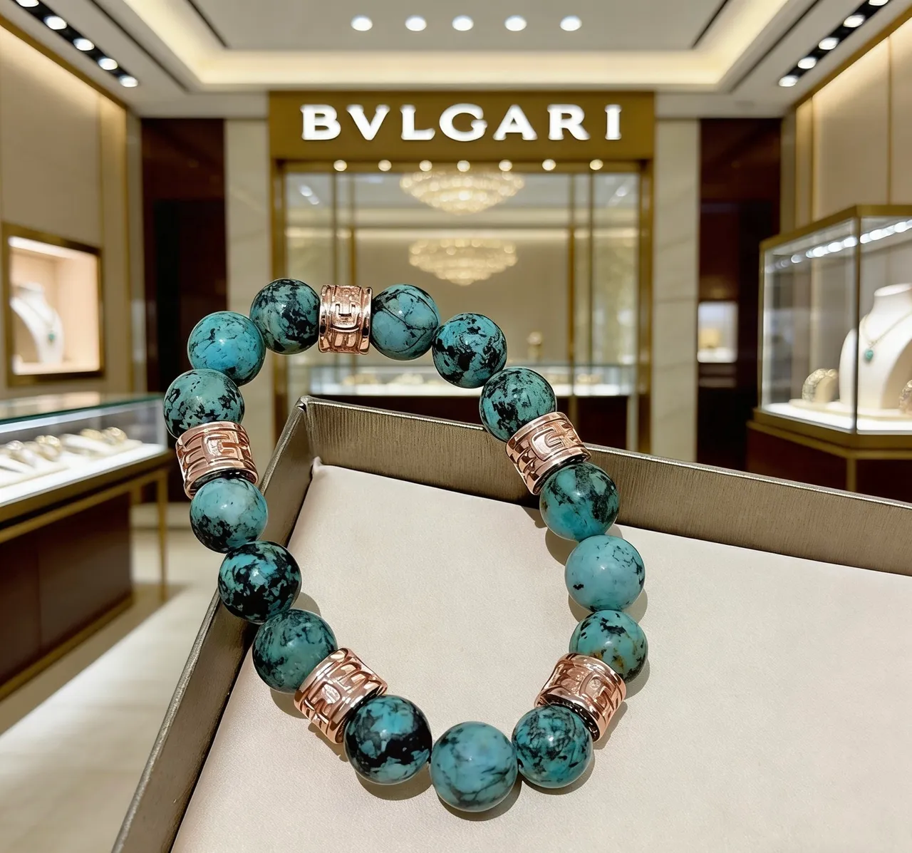Bvlgari Beaded Turquoise and Rose Gold Bracelet 2
