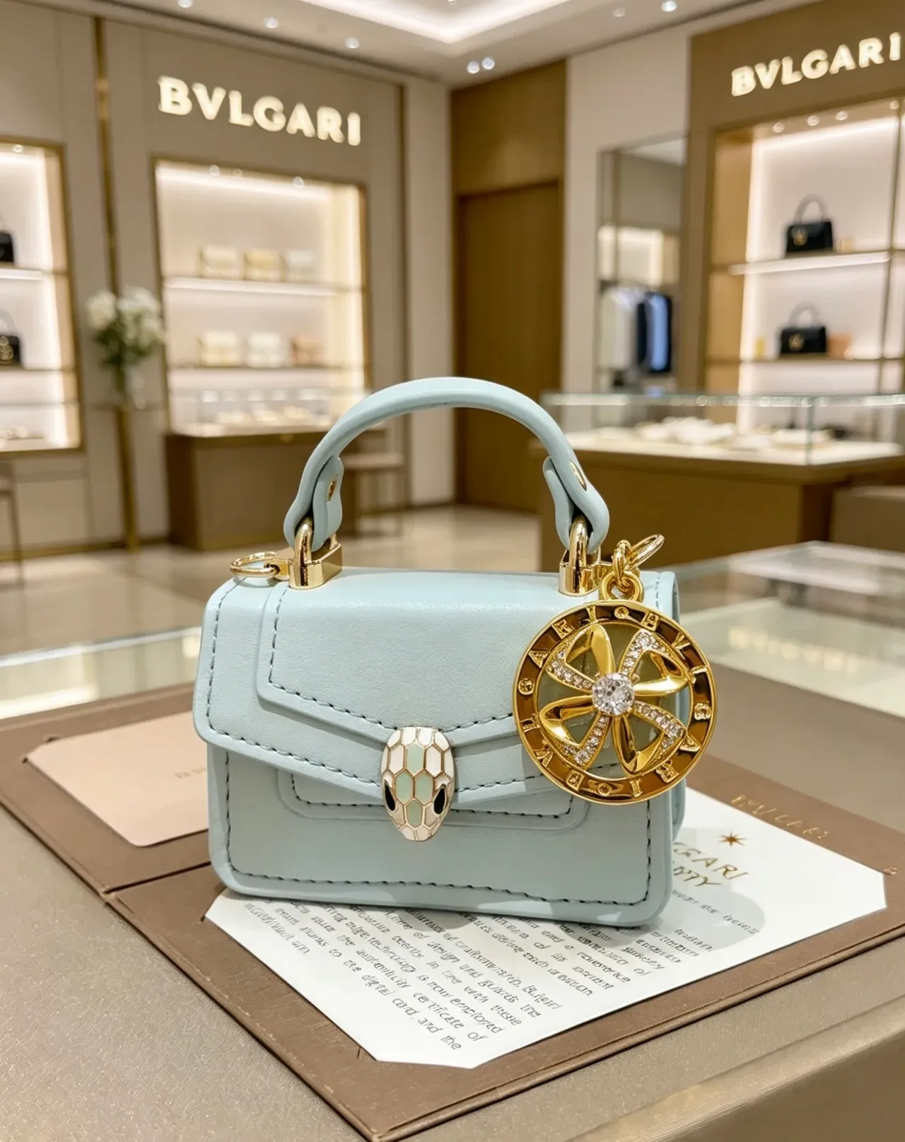 Bvlgari Azul Dourado Mini Bolsa Tote com Alça Superior e Fecho de Flap 2