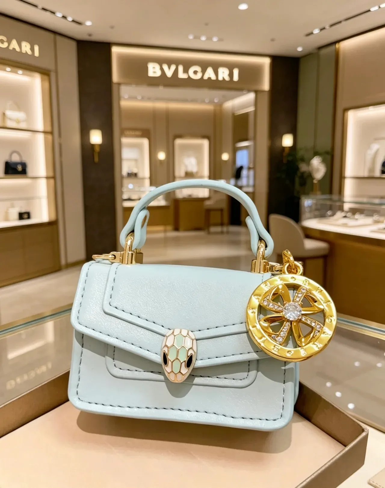 Bvlgari Azul Dourado Mini Bolsa Tote com Alça Superior e Fecho de Flap 3