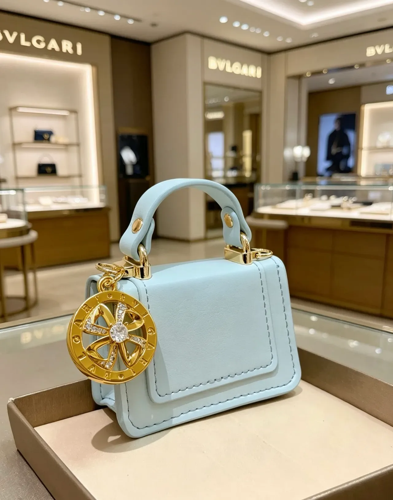 Bvlgari Azul Dourado Mini Bolsa Tote com Alça Superior e Fecho de Flap 4