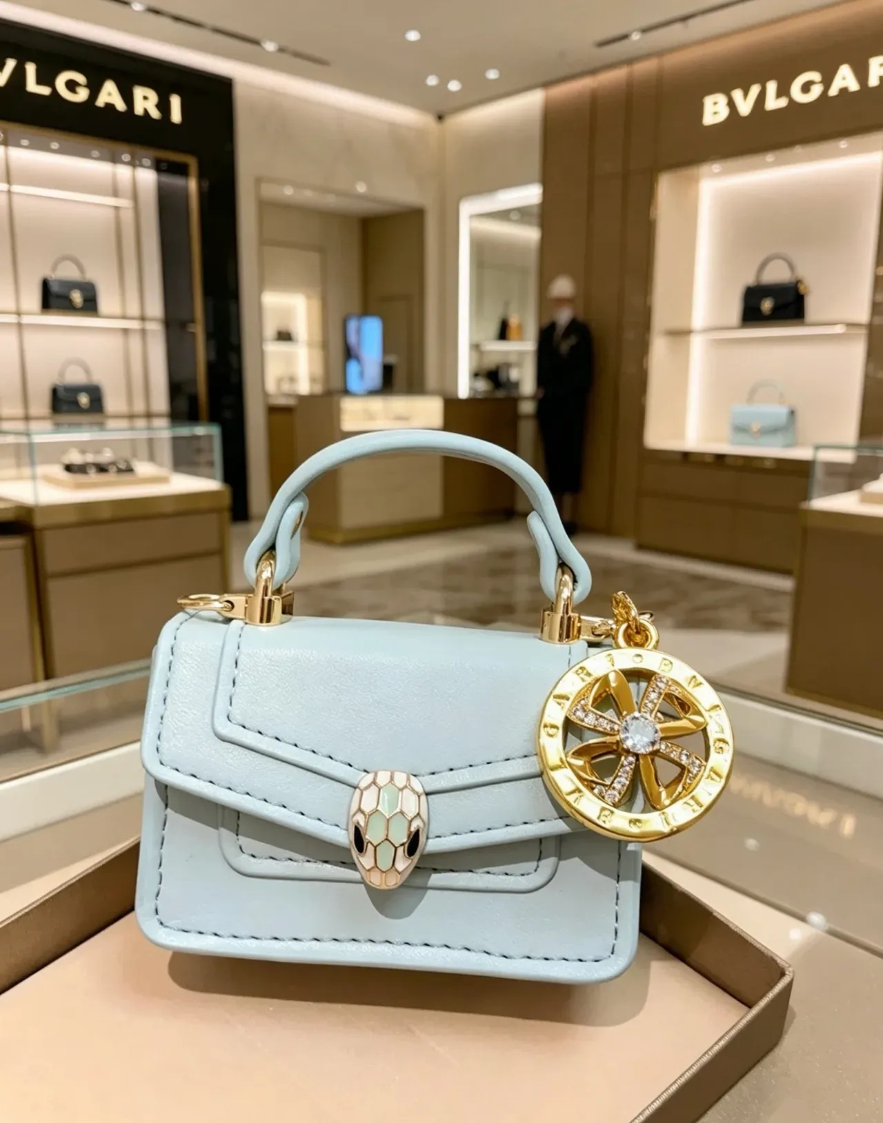 Bvlgari Azul Dourado Mini Bolsa Tote com Alça Superior e Fecho de Flap 5
