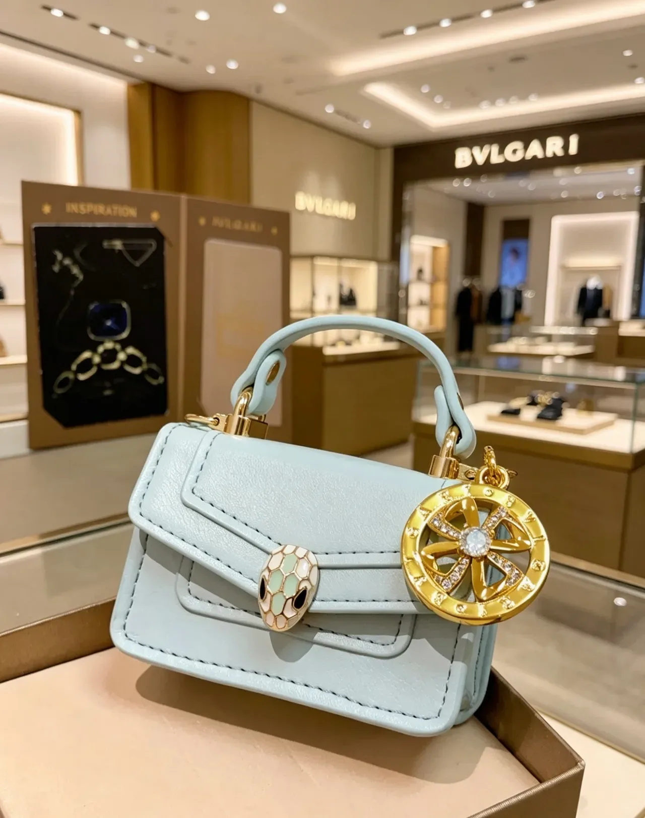 Bvlgari Azul Dourado Mini Bolsa Tote com Alça Superior e Fecho de Flap 6