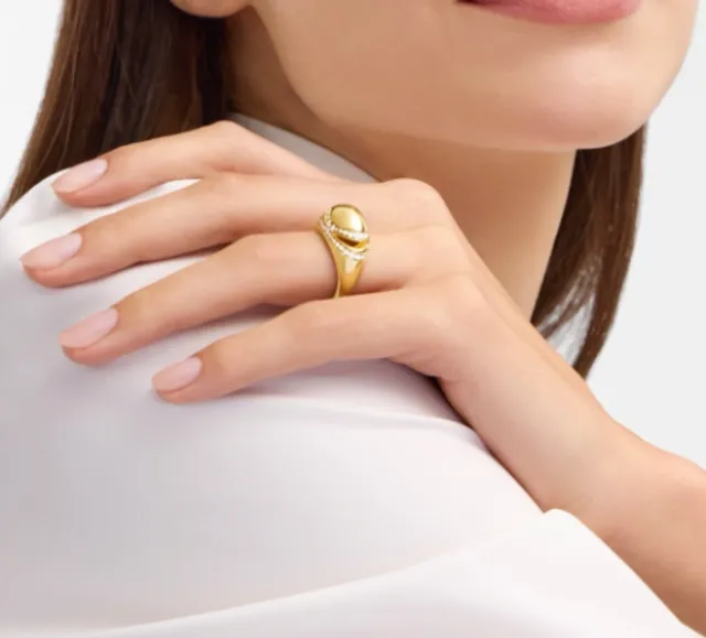 Bvlgari Gold Silver Oval Dome Centerpiece Double Curved Pavé Diamond Band Ring 9