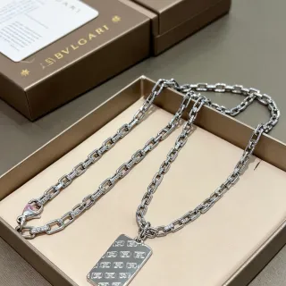 Bvlgari Silver-Tone Engraved Rectangular Pendant Necklace