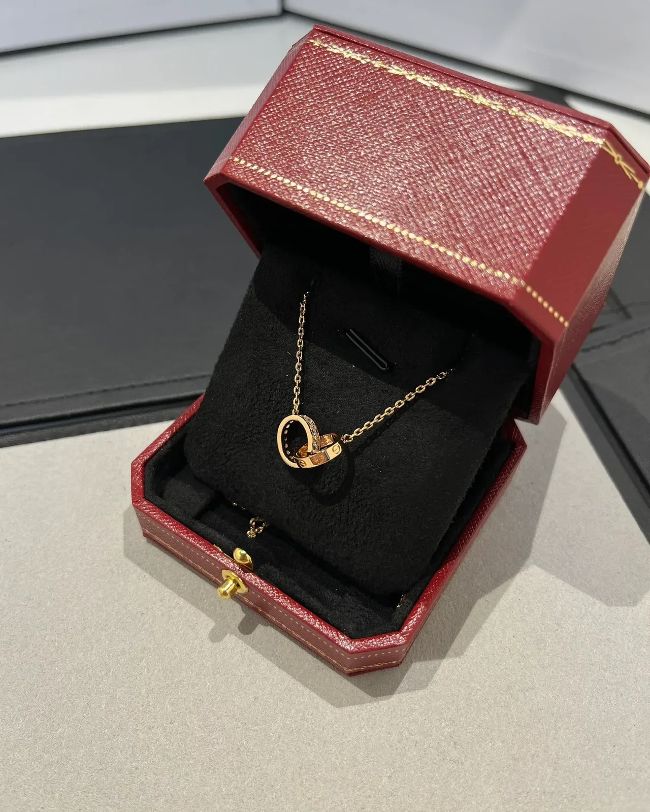Cartier Double Ring Gold Black Interlocking Pendant Pavé Diamond Setting Necklace 2