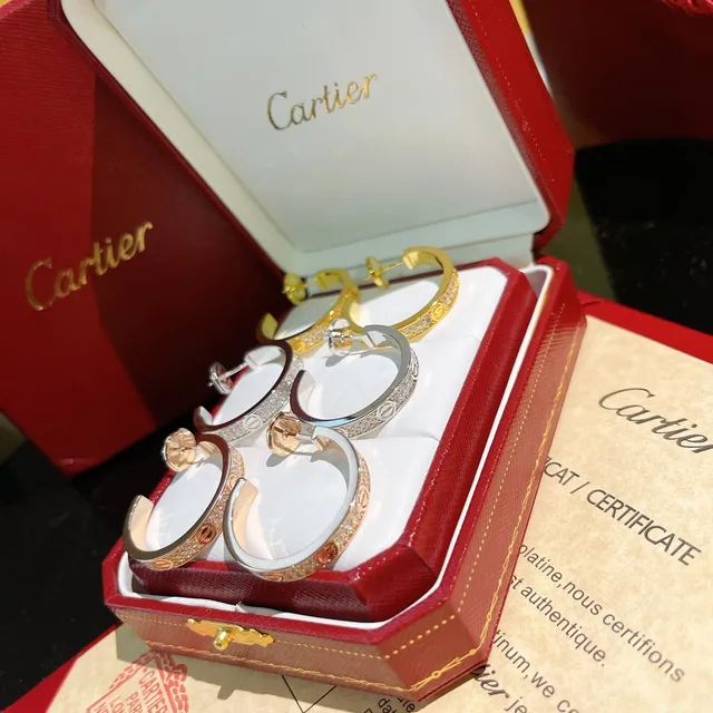 Cartier Gold Silver Pavé-Set Hoop Earrings 2