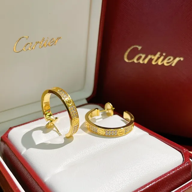 Cartier Gold Silver Pavé-Set Hoop Earrings 6