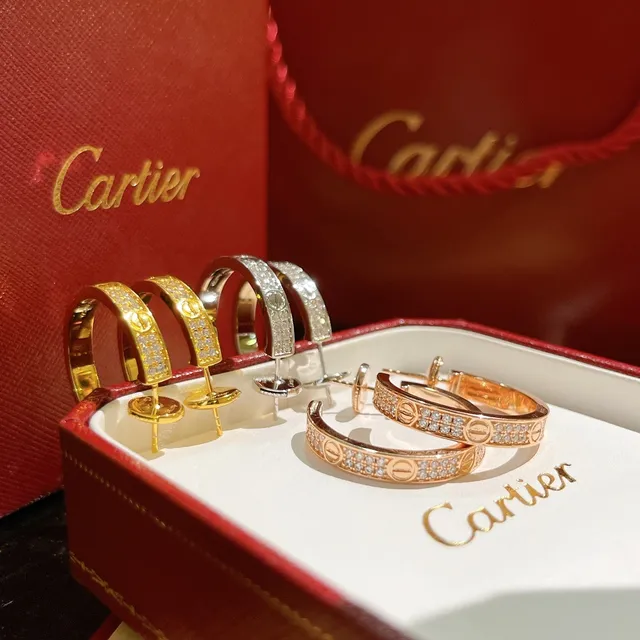 Cartier Gold Silver Pavé-Set Hoop Earrings 8