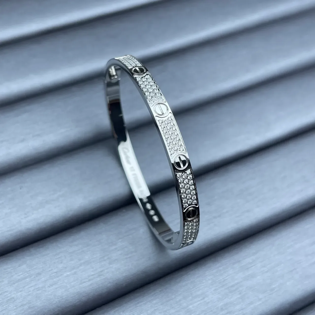 Cartier Love Silver Gold Hinged Bangle Pavé-Set Stones Bracelet 6