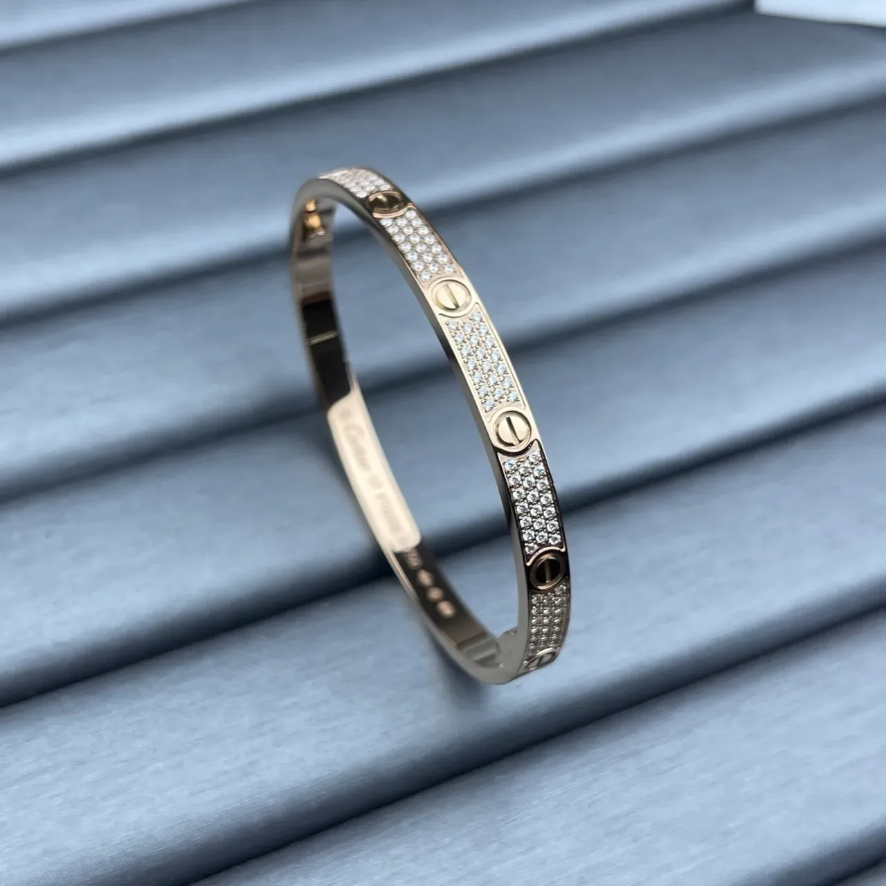 Cartier Love Silver Gold Hinged Bangle Pavé-Set Stones Bracelet 7