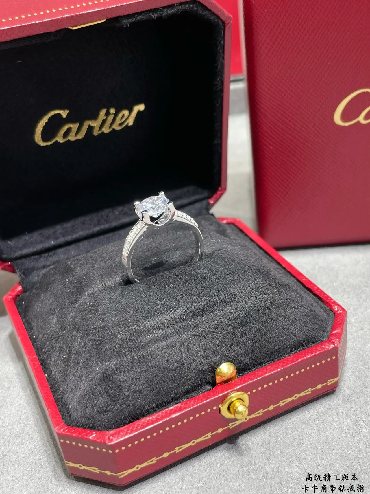 Cartier Silver White Four-Prong Solitaire Pavé-Set Shoulders Ring 3