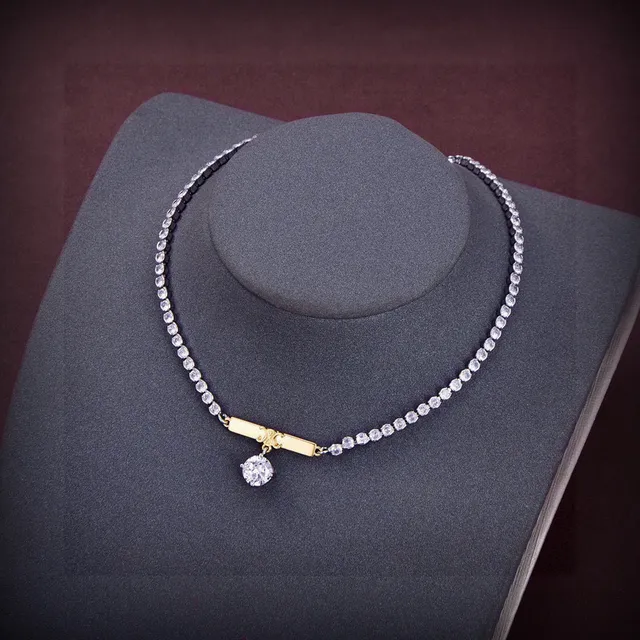 Celine 银金 双排 水晶 Pavé 链条 棒吊坠 项链 2