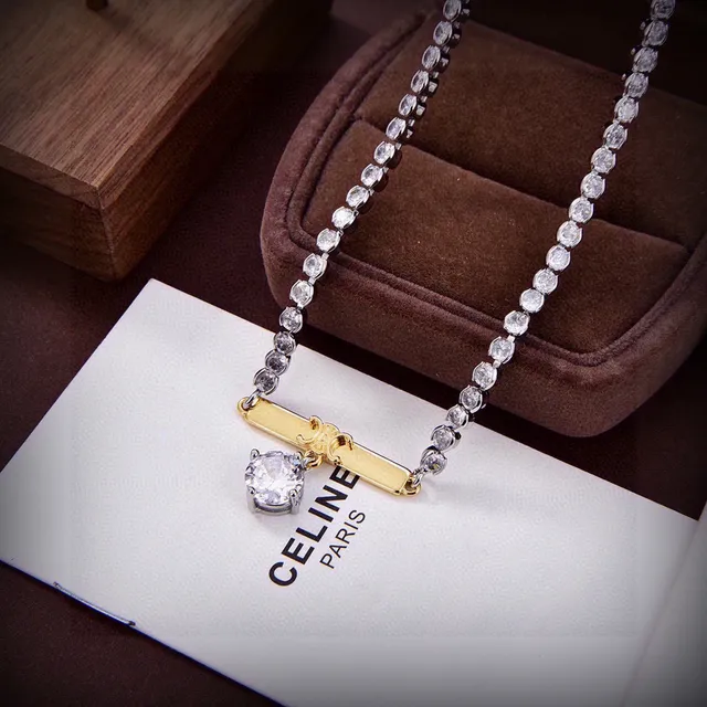Celine 银金 双排 水晶 Pavé 链条 棒吊坠 项链 3