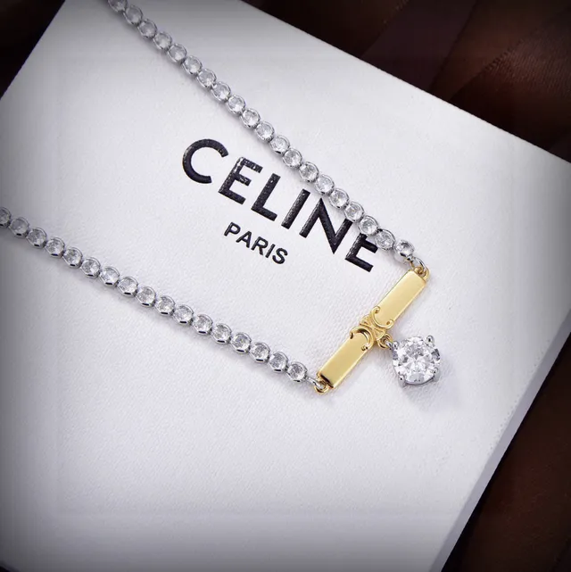 Celine 银金 双排 水晶 Pavé 链条 棒吊坠 项链 5