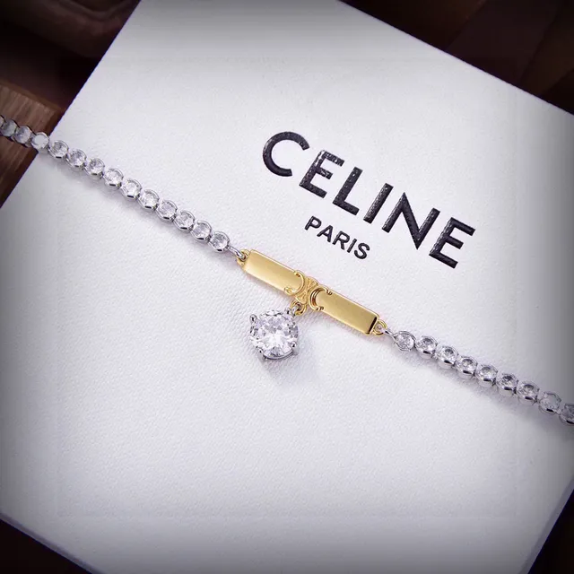Celine 银金 双排 水晶 Pavé 链条 棒吊坠 项链 6