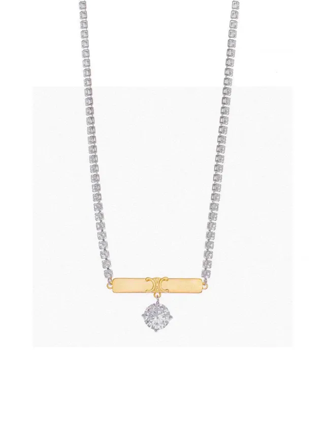 Celine 银金 双排 水晶 Pavé 链条 棒吊坠 项链 9