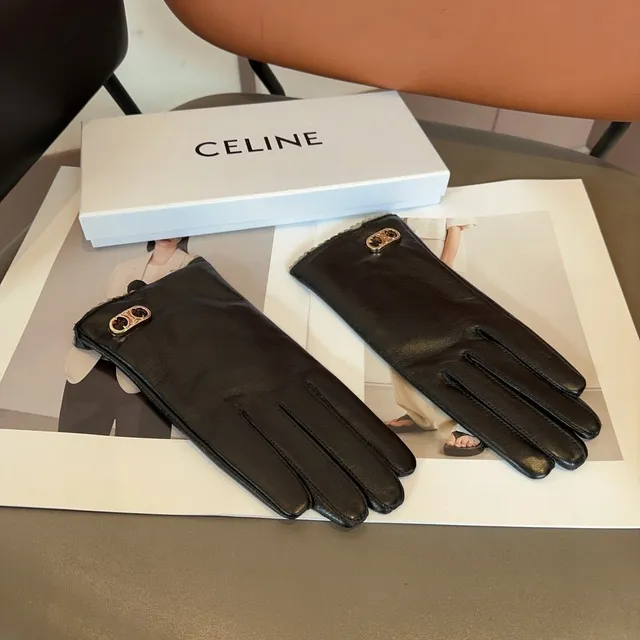 Celine Triomphe 黑白光滑褶皱手腕皮革手套 4