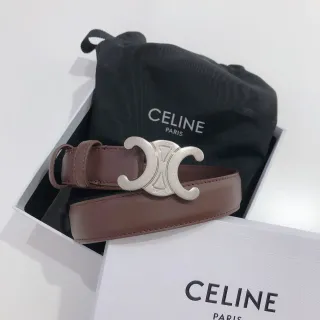 Celine Triomphe भूरा चांदी Interlocking डबल-C बकल चिकनी चमड़ी की बेल्ट