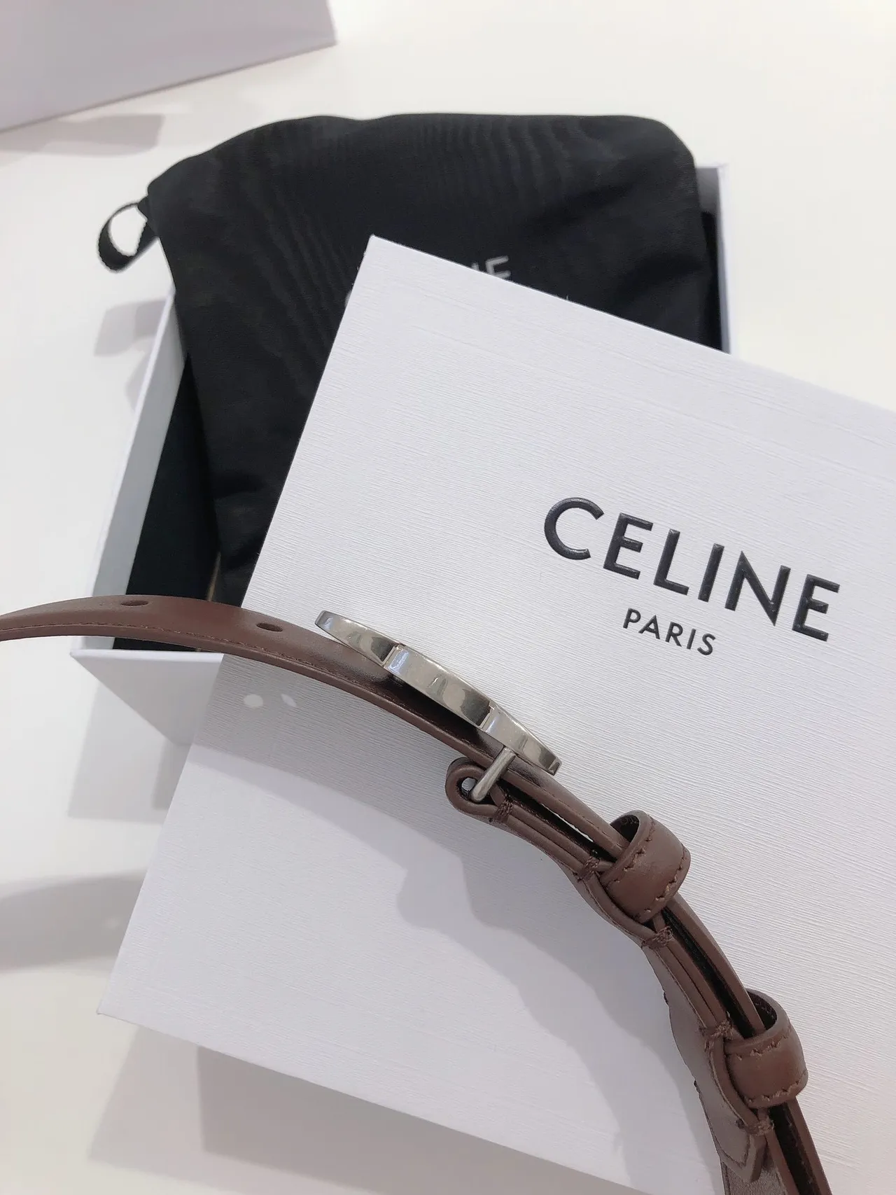 Celine Triomphe বাদামী রূপালী Interlocking ডাবল-সি বাকেল চকচকে চামড়ার বেল্ট 3