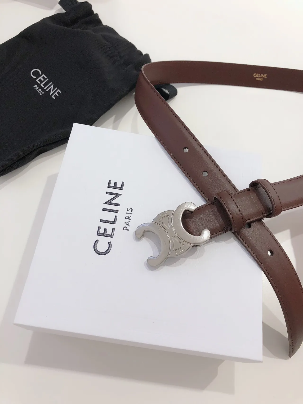 Celine Triomphe বাদামী রূপালী Interlocking ডাবল-সি বাকেল চকচকে চামড়ার বেল্ট 5
