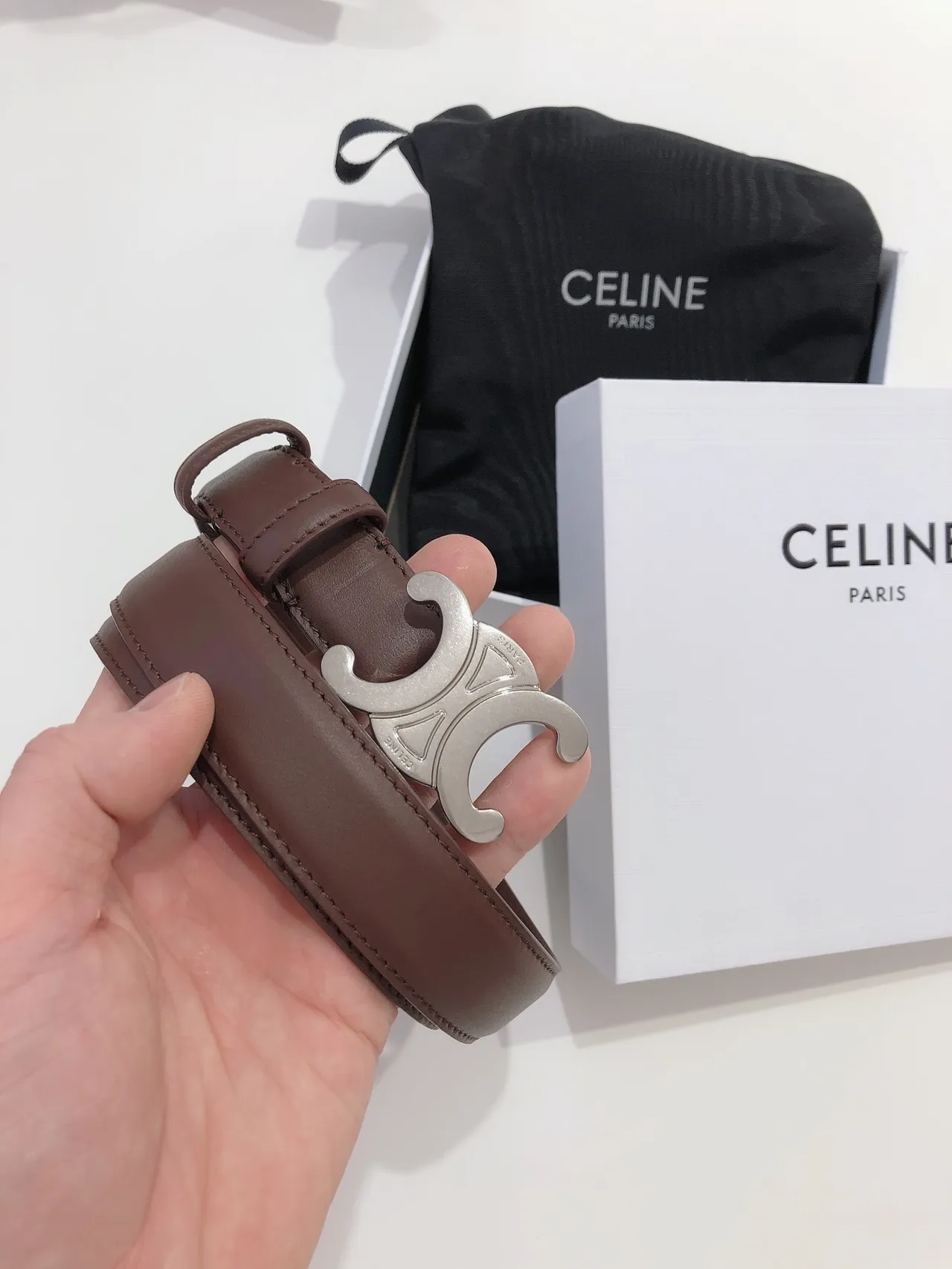 Celine Triomphe বাদামী রূপালী Interlocking ডাবল-সি বাকেল চকচকে চামড়ার বেল্ট 9