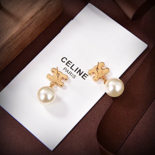 Celine Triomphe Motif Pave Aretes de perlas de tono dorado 6