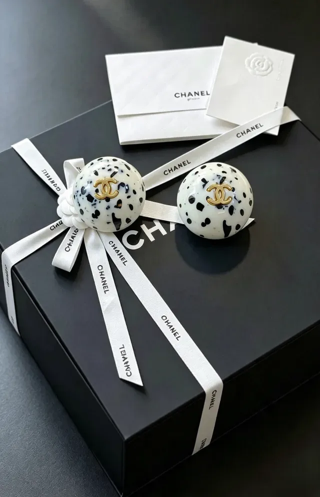 Chanel Ball White Black Spherical Speckled Resin Earrings 9