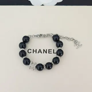 Chanel Pulseira de Contas Preta Prata Cristal-Acentuada