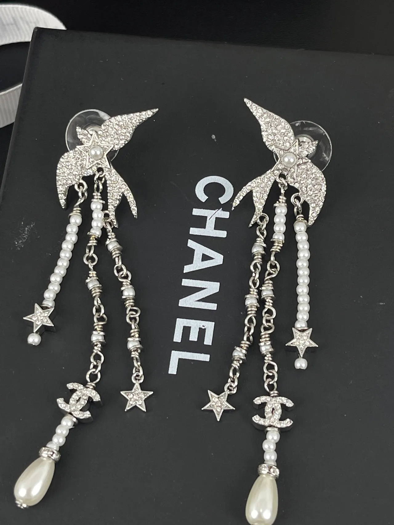 Chanel Bird Motif Pearl and Crystal Dangle Earrings 2