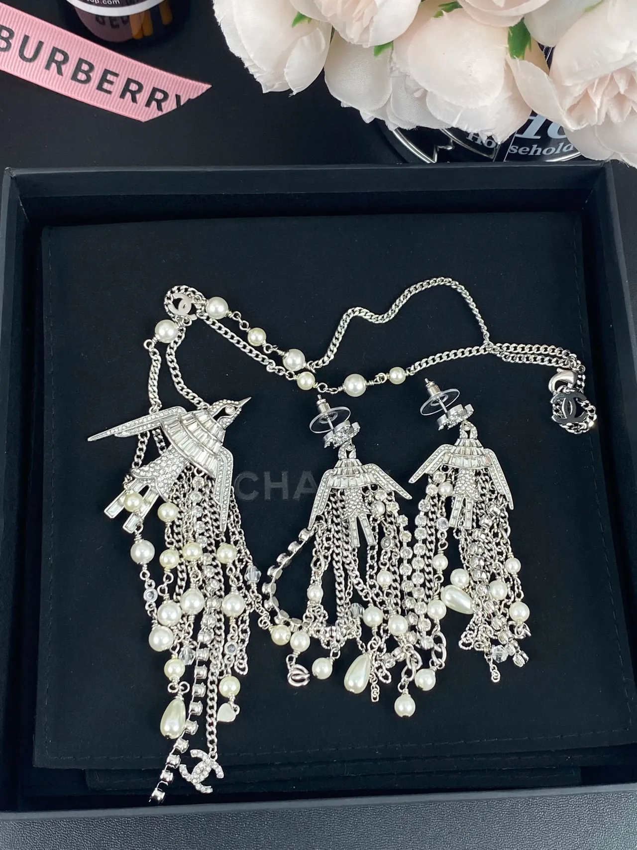 Chanel Bird Pendant Pearl and Crystal Fringe Necklace 10