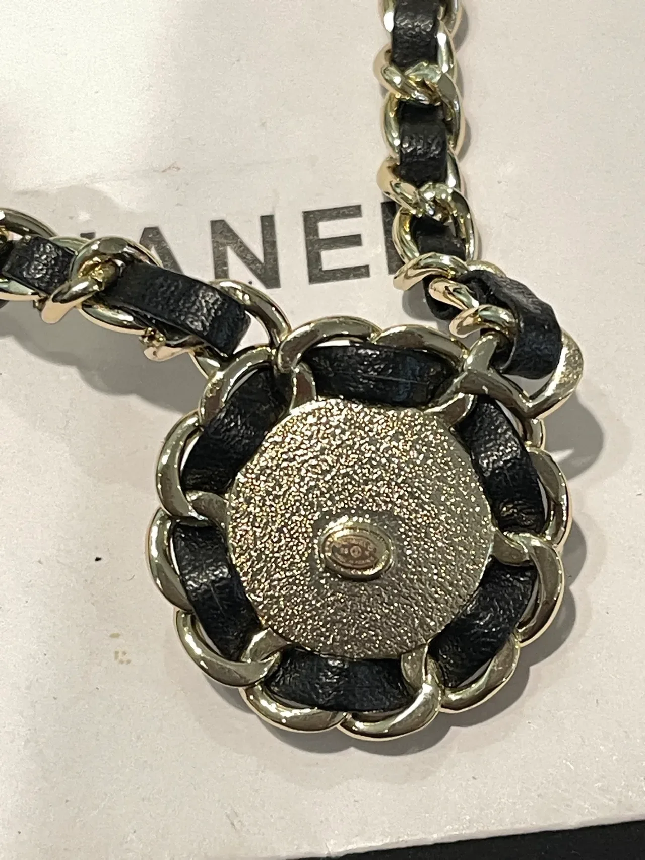 Chanel Black Gold Chain-and-Leather Link Construction Camellia-Inspired Pendant Frame Necklace 2