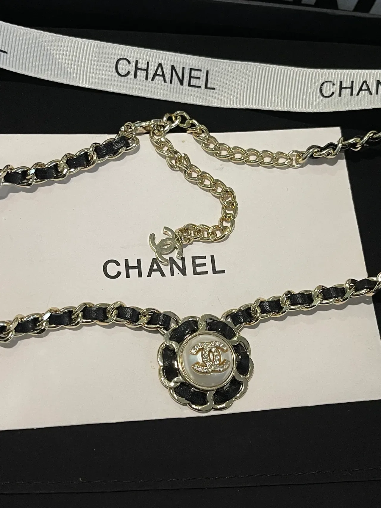 Chanel Black Gold Chain-and-Leather Link Construction Camellia-Inspired Pendant Frame Necklace 3