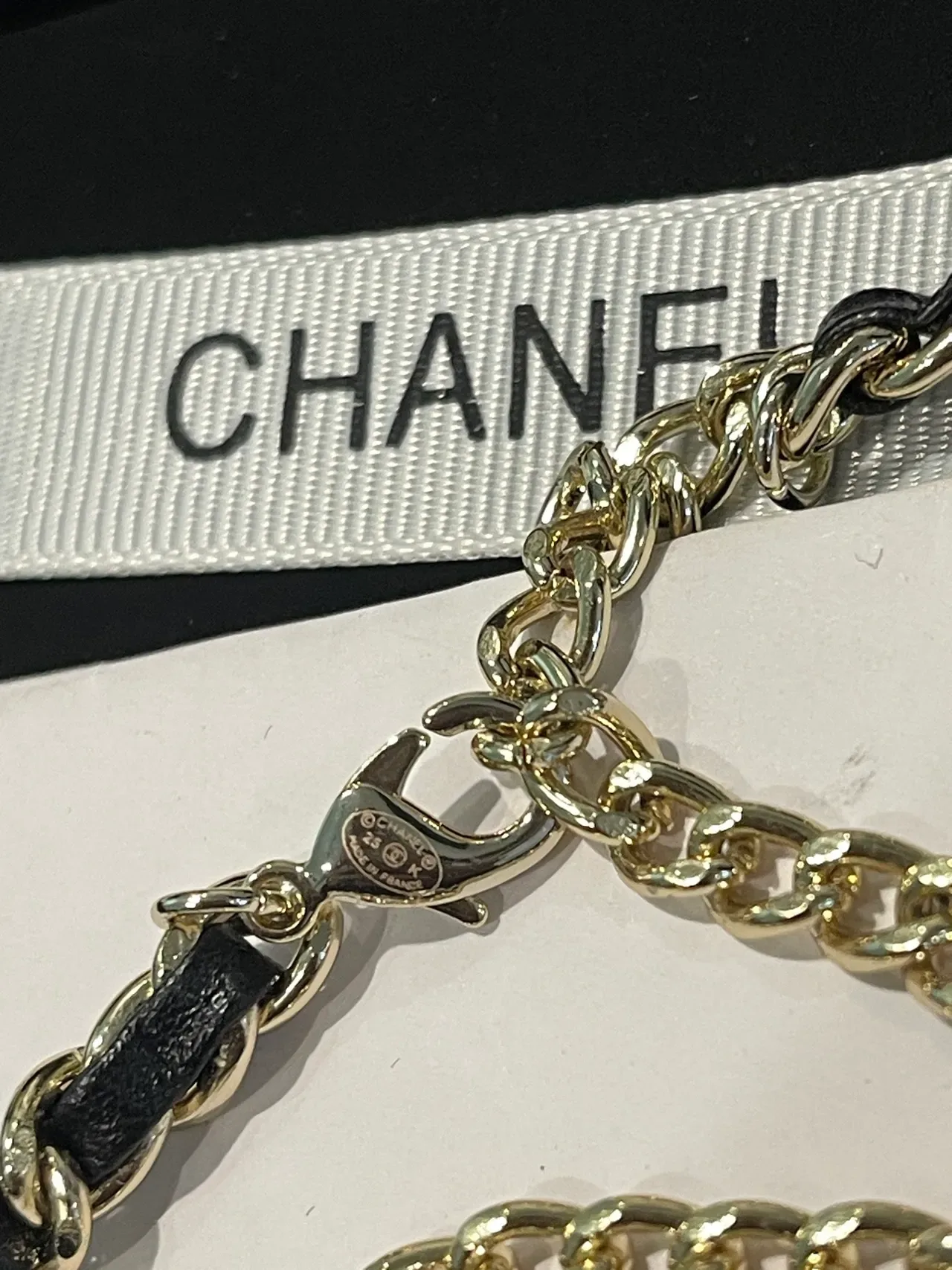 Chanel Black Gold Chain-and-Leather Link Construction Camellia-Inspired Pendant Frame Necklace 4