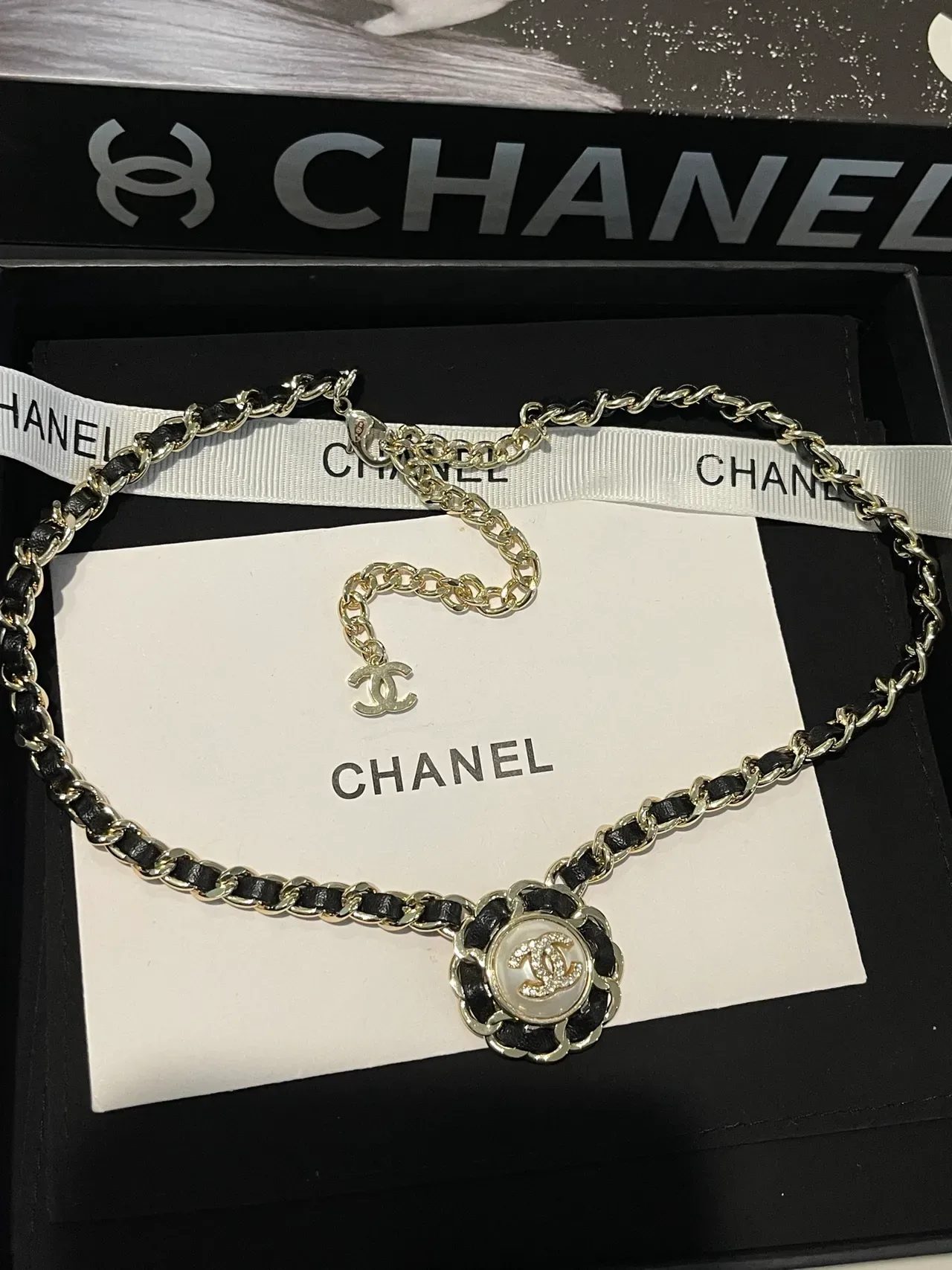 Chanel Black Gold Chain-and-Leather Link Construction Camellia-Inspired Pendant Frame Necklace 5