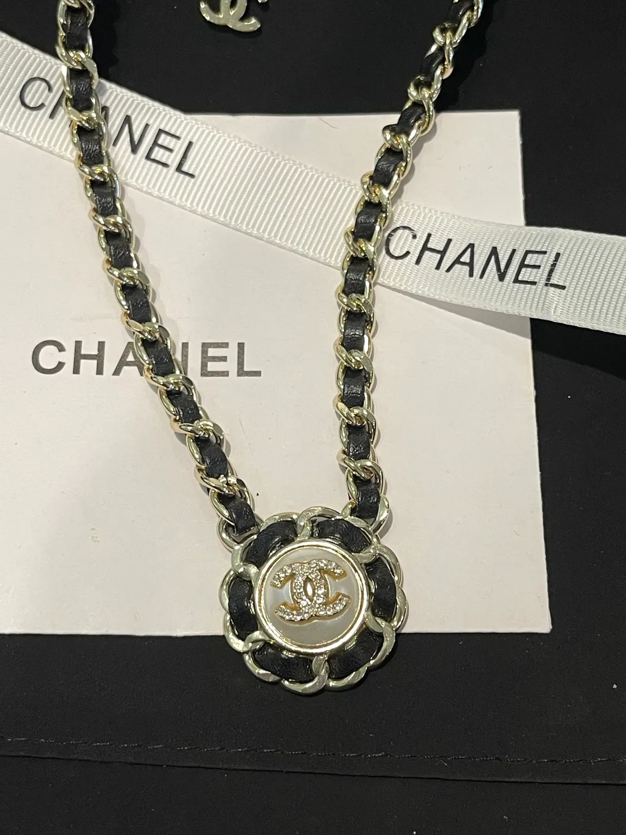 Chanel Black Gold Chain-and-Leather Link Construction Camellia-Inspired Pendant Frame Necklace 6
